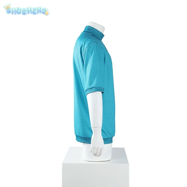Steve Minecraft cosplay costume set featuring blue pixel-style t-shirt and matching pants displayed on mannequin or model.