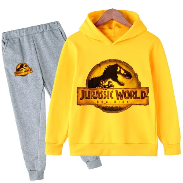 Child wearing fun dinosaur print hoodie and matching pants set - outfit for boys and girls.