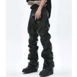Men's black PU leather pleated pants