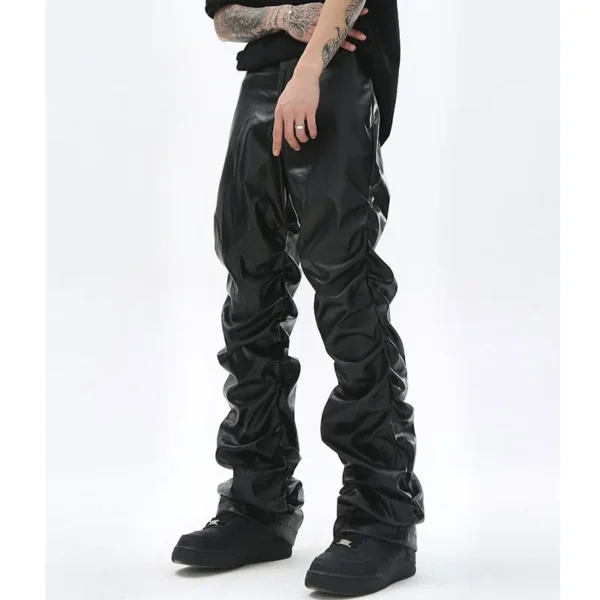 Men's black PU leather pleated pants