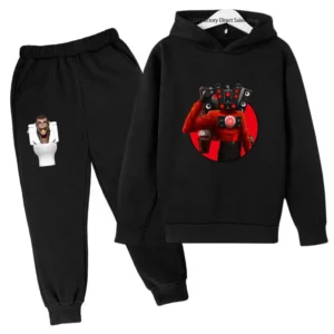 Kids Skibidi Toilet funny cartoon print hoodie and pants tracksuit set (ages 3-13) - front view. ```