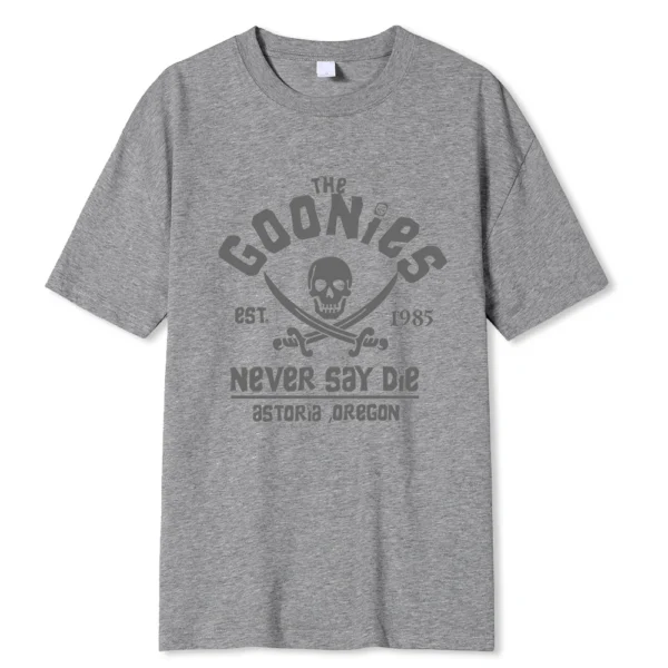 Men's black cotton Goonies t-shirt with white 'Never Say Die' text graphic. Retro 80s movie fan apparel.