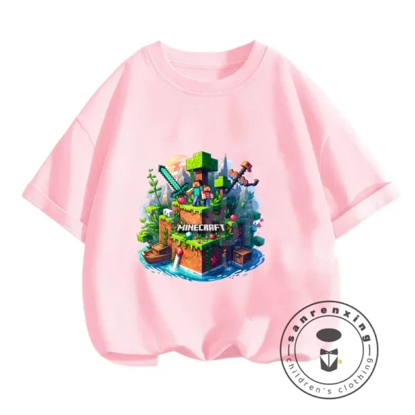 Front view of a boys short-sleeve O-neck t-shirt with a Minecraft graphic print.