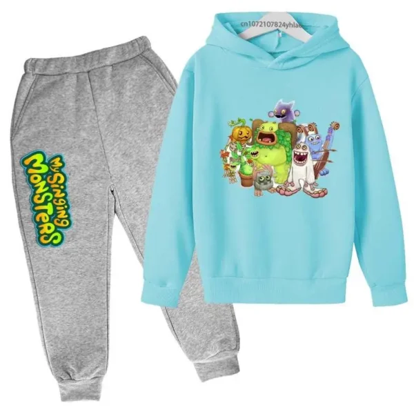 Kids My Singing Monsters tracksuit set featuring character print hoodie and matching pants for boys and girls ages 3-14. ```