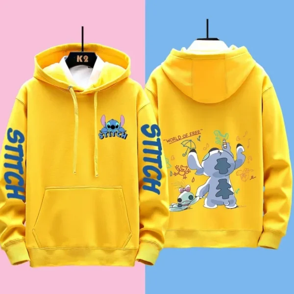 Couple wearing matching grey Disney Stitch pullover hoodies sweatshirt set - official licensed apparel.