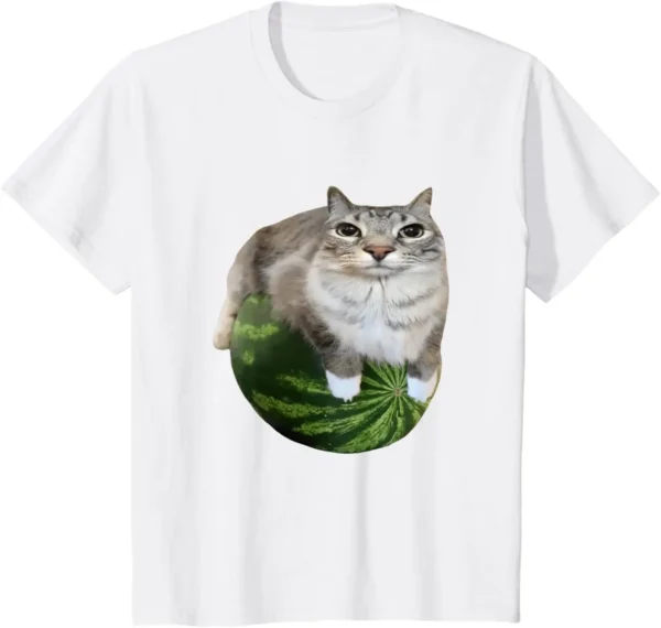 Funny unisex t-shirt featuring a silly cat wearing a watermelon helmet meme design.