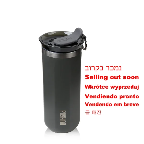 Stainless steel insulated travel mug with leakproof lid for coffee or water.