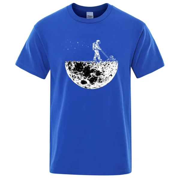 Men's oversized black cotton t-shirt displaying a funny white graphic print of an astronaut on the moon.