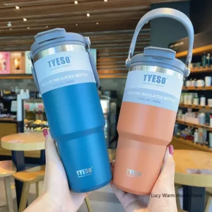 Tyeso vacuum insulated stainless steel travel mug for hot and cold drinks.
