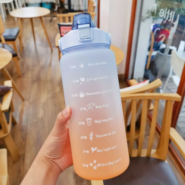 2L motivational plastic water bottle with time markers and leakproof lid for tracking daily hydration.