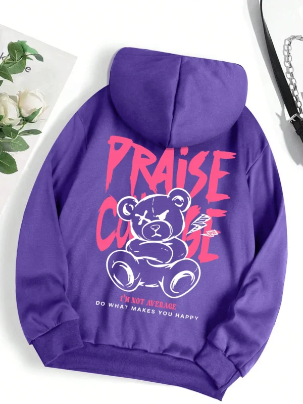 Woman wearing cute bear print fleece-lined hoodie warm autumn streetwear sweatshirt.