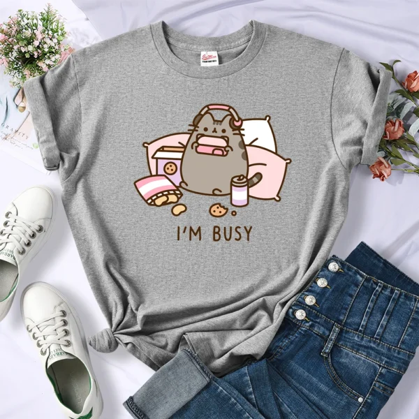 Funny 'Sorry I'm Busy' cat gamer oversized t-shirt for women.