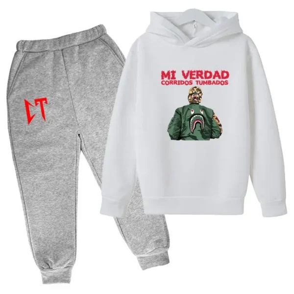 Kids unisex Corridos Tumbados print tracksuit set with pullover hoodie and pants - front view.