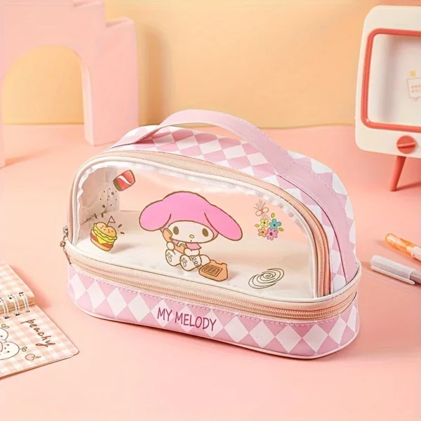 MINISO Hello Kitty and Kuromi large PU leather cosmetic bag with internal organizer compartments shown on white background.