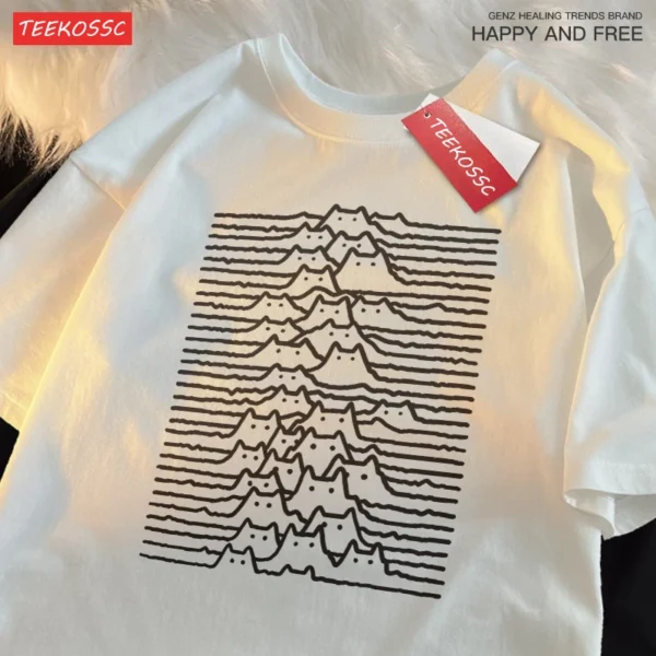 Unisex cotton t-shirt featuring a cartoon graphic of a cat on a mountain range.
