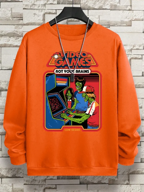 Retro "Video Games Rot Your Brains" comics hoody for men.