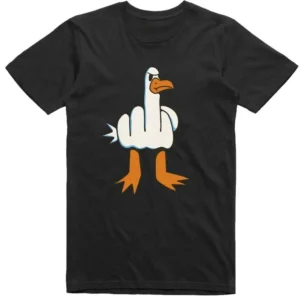 Man wearing a funny t-shirt featuring a rude cartoon seagull design. Regular fit cotton tee.