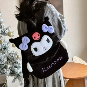 Front view of the MINISO plush backpack featuring cute Kuromi and Cinnamoroll Sanrio characters.