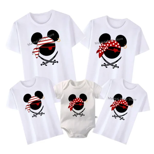 Family in matching funny Disney pirate shirts with Mickey and Minnie ears design for vacation.