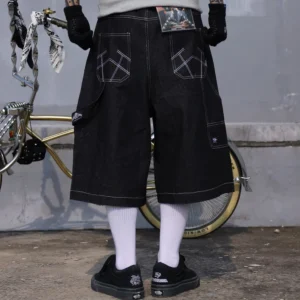 Men's embroidered wide-leg denim shorts