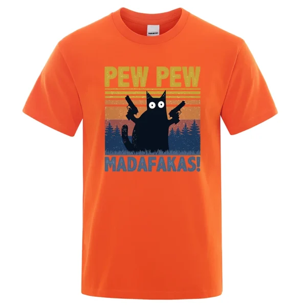 Man wearing black cotton t-shirt with funny graphic of a cat holding guns that reads 'Pew Pew Madafakas'.