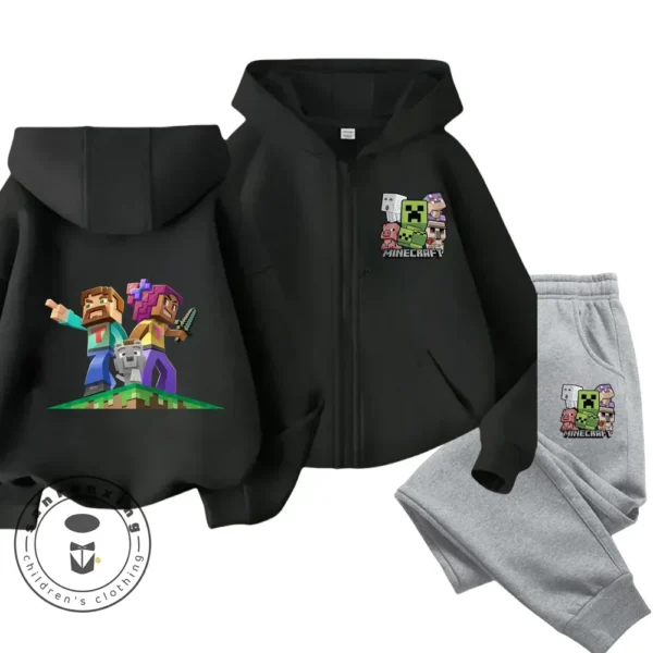 Child wearing Minecraft themed zipper hoodie and matching pants set with hood up.