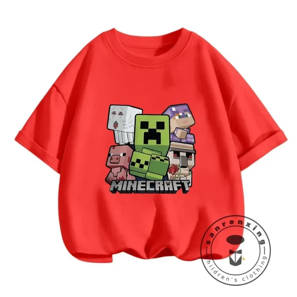 Young boy wearing a blue short-sleeve t-shirt with a large colourful graphic of the Minecraft character CatNap on the front.