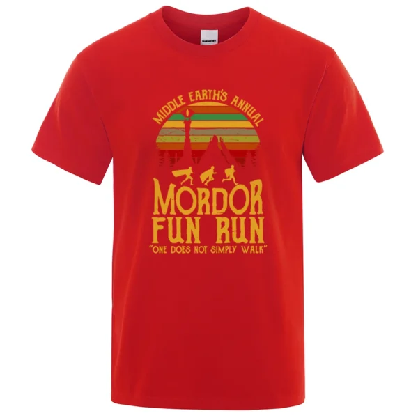 Black cotton t-shirt with white "Middle Earth's Annual Mordor Fun Run" graphic print. Funny LOTR parody design