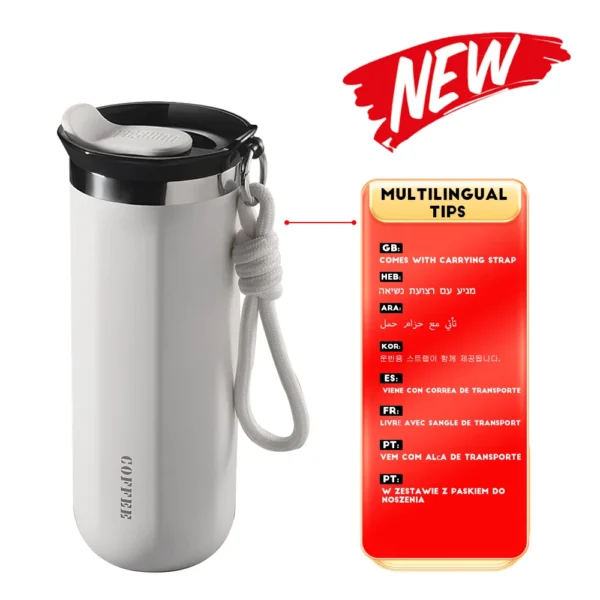 Stainless steel insulated travel mug with leakproof lid for coffee or water.