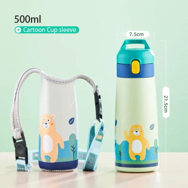 Stainless steel kids thermos water bottle with integrated straw and colourful cartoon design