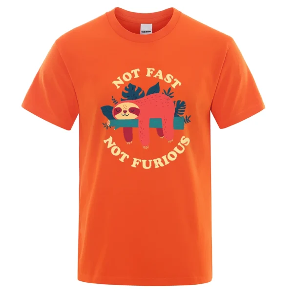 Model wearing funny 'Not Fast Not Furious' sloth graphic tee in breathable cotton. Unisex casual summer style.