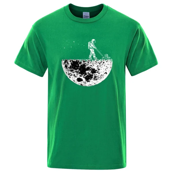 Men's oversized black cotton t-shirt displaying a funny white graphic print of an astronaut on the moon.