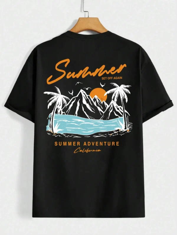 Men's oversized white cotton t-shirt with 'Set Off Again California' adventure graphic print.
