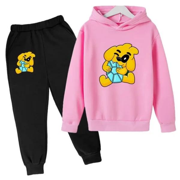 Kids tracksuit set with cute dog print on grey pullover hoodie and matching pants for boys and girls (ages 2-13).