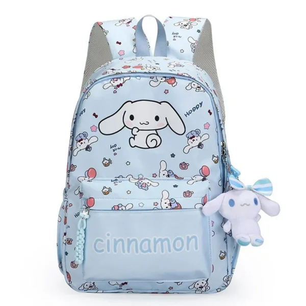 MINISO Sanrio Characters kawaii nylon backpack for girls with matching wallet charm.