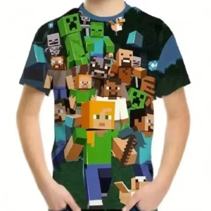 Child's Minecraft t-shirt featuring colorful cartoon building block graphics