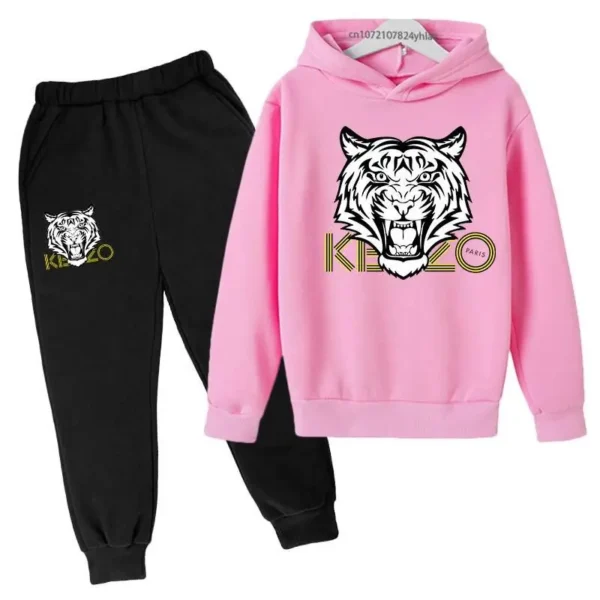 Unisex kids hoodie and pants set with bold tiger head print on the hooded sweatshirt - front view.