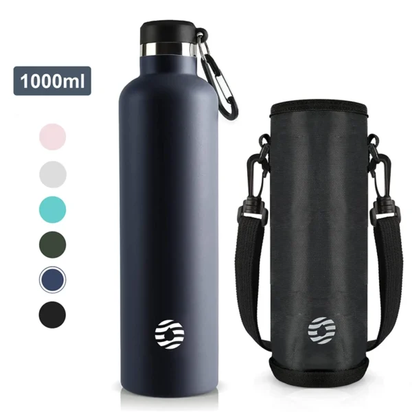 FEIJIAN 1L silver stainless steel vacuum insulated water bottle with leak-proof cap.