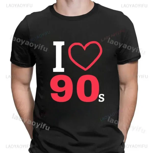 Woman wearing a white 'I Love The 90s / Take Me Back To The 90s' retro graphic tee against a plain background.