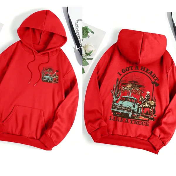 Women's casual streetwear hoodie with graphic print and warm faux fur lining - Autumn/Winter style. ```