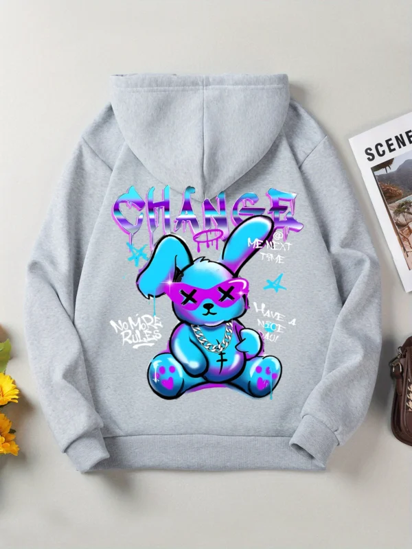 Women's oversized kawaii streetwear sweatshirt with rabbit cartoon print and cozy artificial fur lining.