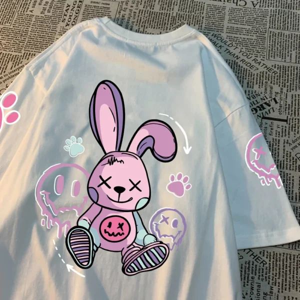 Women's casual t-shirt with a cool cartoon rabbit graphic print. Soft streetwear style tee.