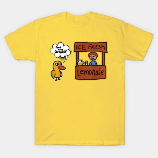 Funny "Got Grapes?" lemonade graphic t-shirt.