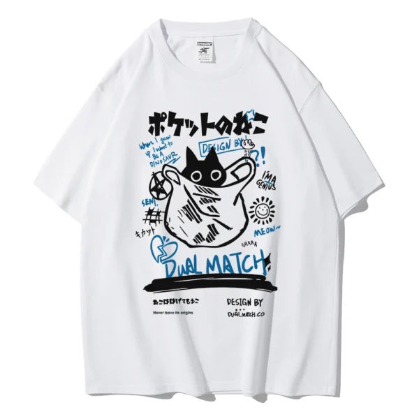Unisex white t-shirt with large kawaii cartoon cat graphic print on the front