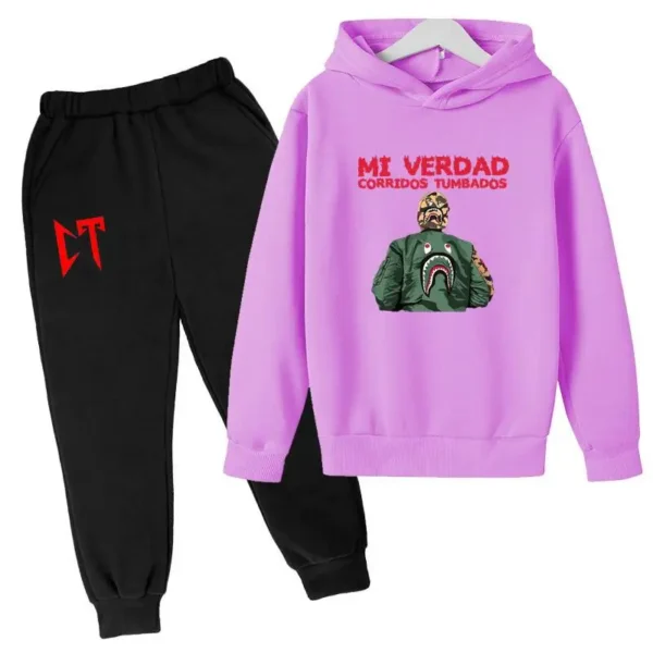 Kids unisex Corridos Tumbados print tracksuit set with pullover hoodie and pants - front view.