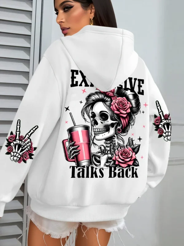 Woman wearing the warm grey fleece pullover hoodie with the funny 'Expensive Talks Back' print on the front.