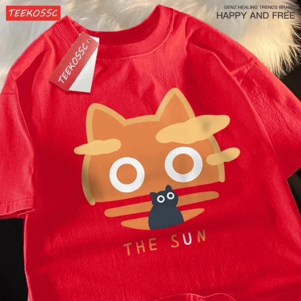 Family wearing matching orange cat t-shirts.