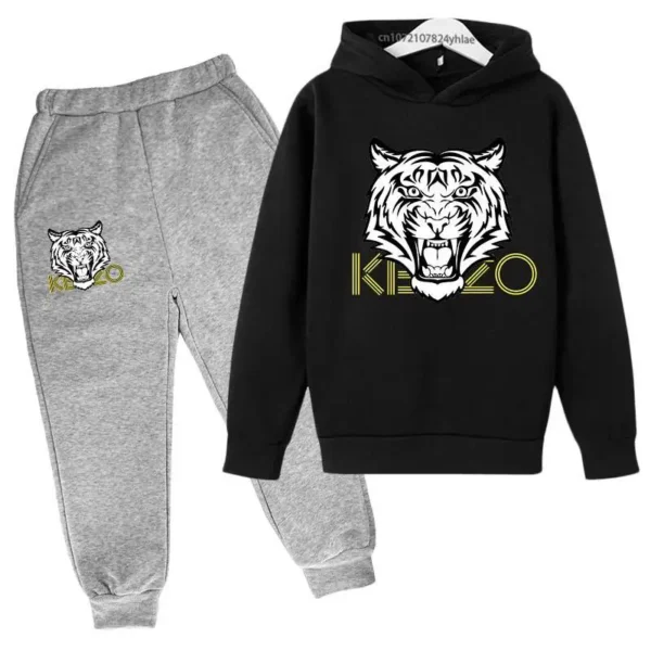Unisex kids hoodie and pants set with bold tiger head print on the hooded sweatshirt - front view.