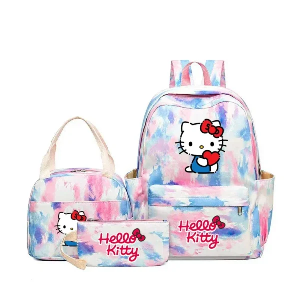 MINISO Kuromi and Cinnamoroll large capacity nylon backpack set with matching lunch bag and pencil case.
