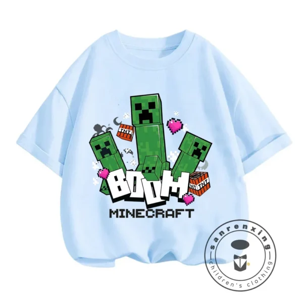 Young boy wearing a blue short-sleeve t-shirt with a large colourful graphic of the Minecraft character CatNap on the front.